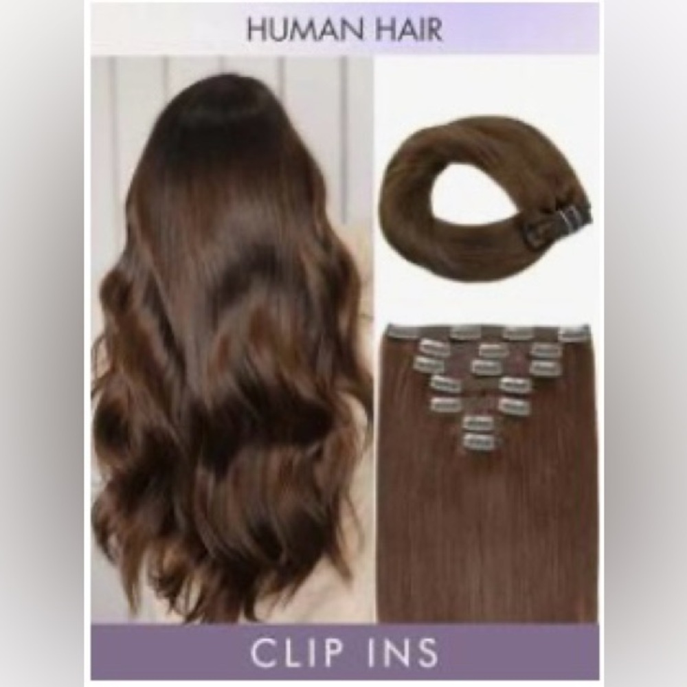 Chestnut brown human hair clip in extensions NEW